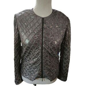 Vintage Joseph Ribkoff Size 12 Textured Silver Full Zip Blazer Jacket